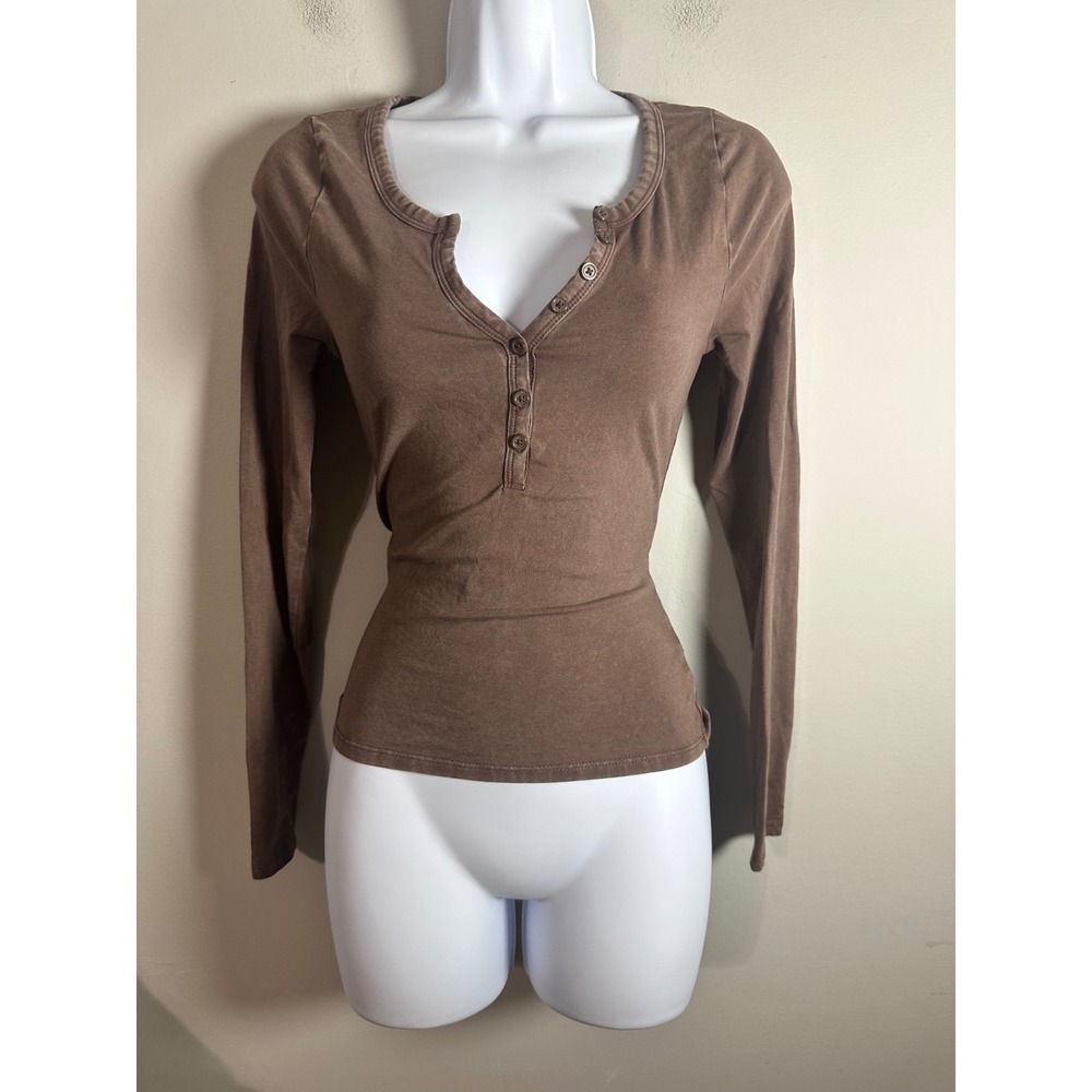 PacSun EST. PAC. 1980 Brown Henley Long Sleeve Slim Fit Cotton Top Small